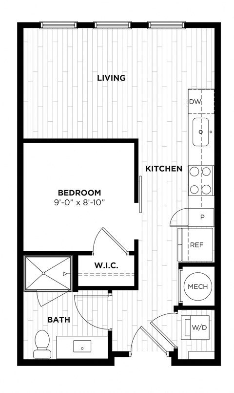 Floor plan for studio, 1 bath, 479 sqft